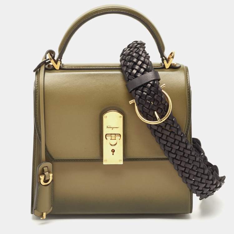 Pre Owned Salvatore Ferragamo Olive Green Leather Medium Boxyz Top Handle Bag