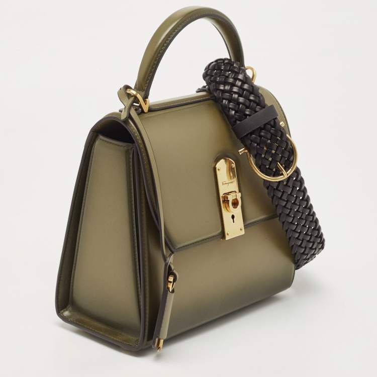Pre Owned Salvatore Ferragamo Olive Green Leather Medium Boxyz Top Handle Bag