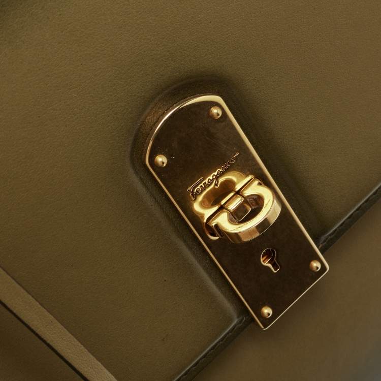 Pre Owned Salvatore Ferragamo Olive Green Leather Medium Boxyz Top Handle Bag