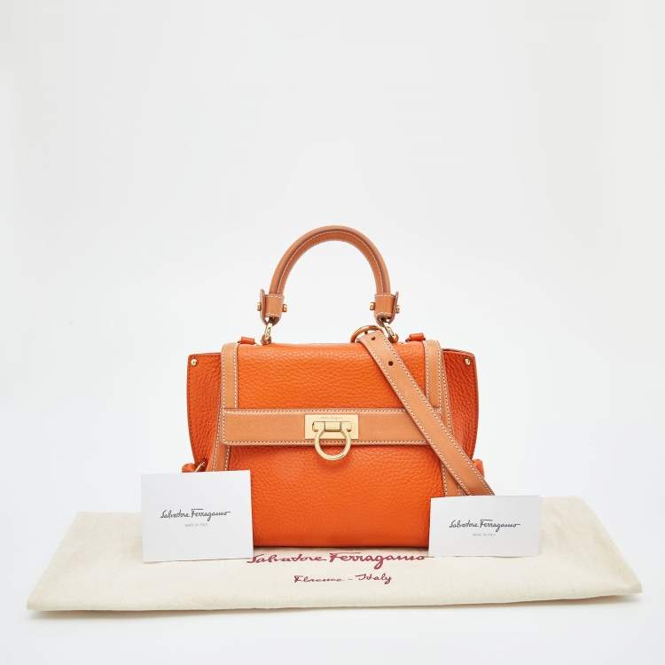 Pre Owned Salvatore Ferragamo Two Tone Orange Leather Small Sofia Top Handle Bag