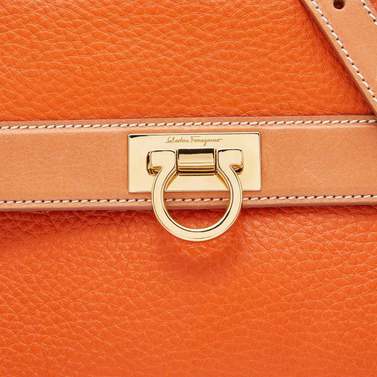 Pre Owned Salvatore Ferragamo Two Tone Orange Leather Small Sofia Top Handle Bag