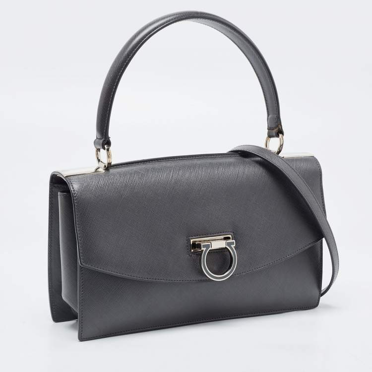 Pre Owned Salvatore Ferragamo Dark Grey Gancini Flap Top Handle Bag