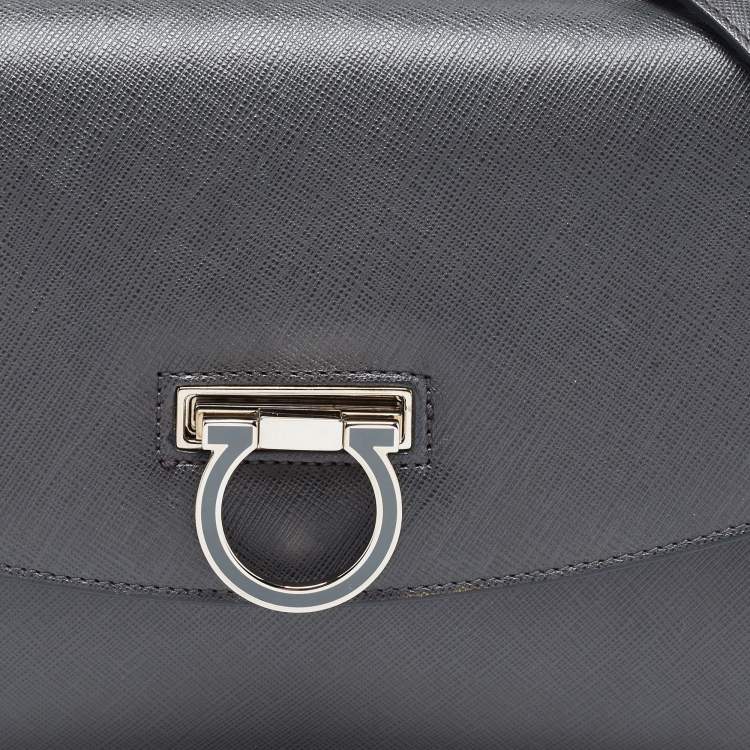 Pre Owned Salvatore Ferragamo Dark Grey Gancini Flap Top Handle Bag