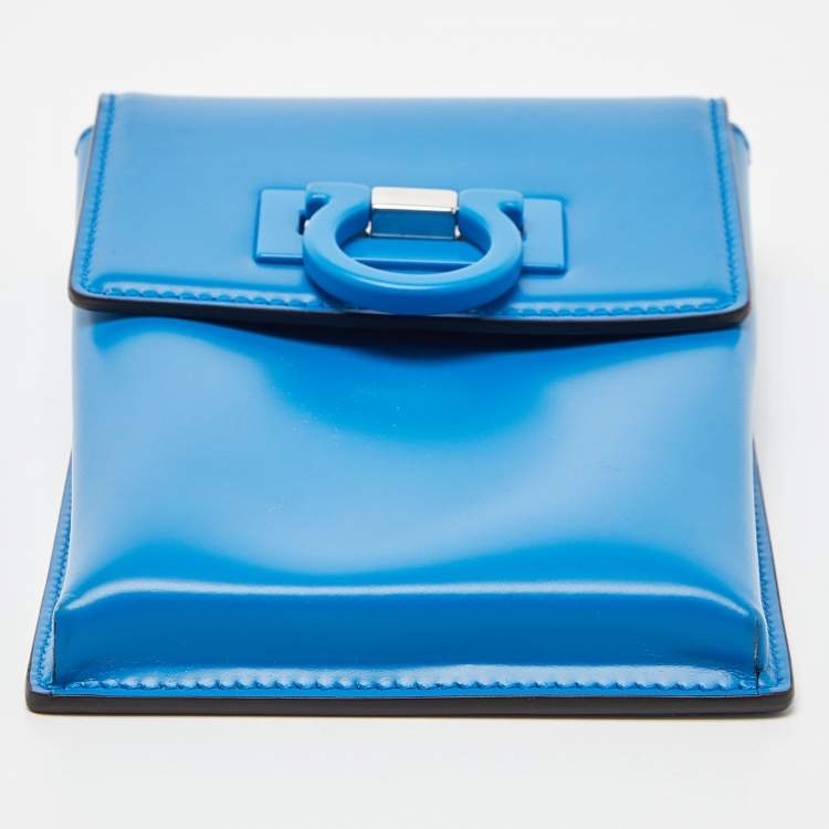 Pre Owned Salvatore Ferragamo Blue Leather Trifolio Phone Holder Crossbody Bag