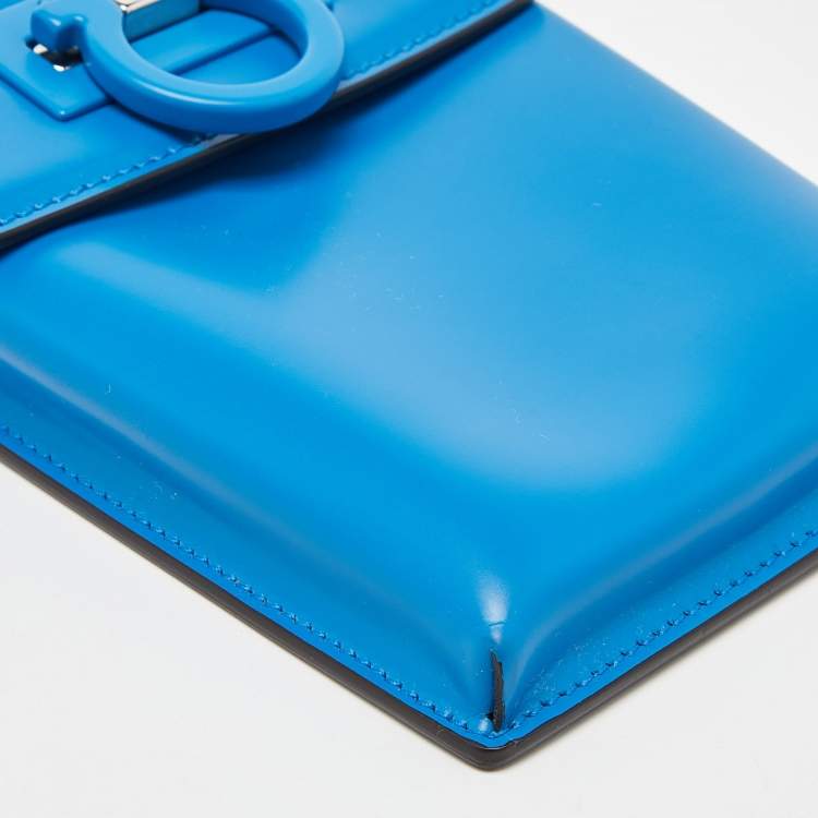 Pre Owned Salvatore Ferragamo Blue Leather Trifolio Phone Holder Crossbody Bag