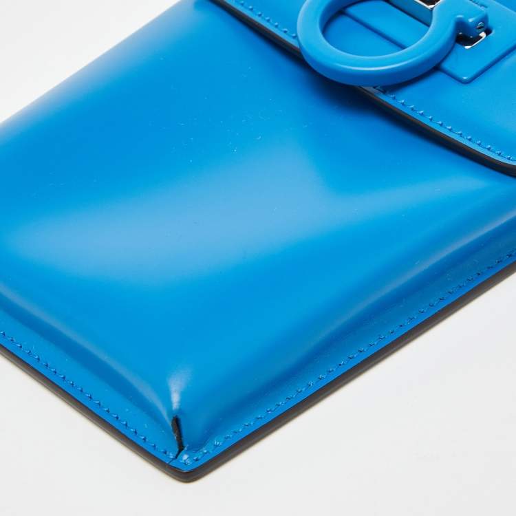 Pre Owned Salvatore Ferragamo Blue Leather Trifolio Phone Holder Crossbody Bag
