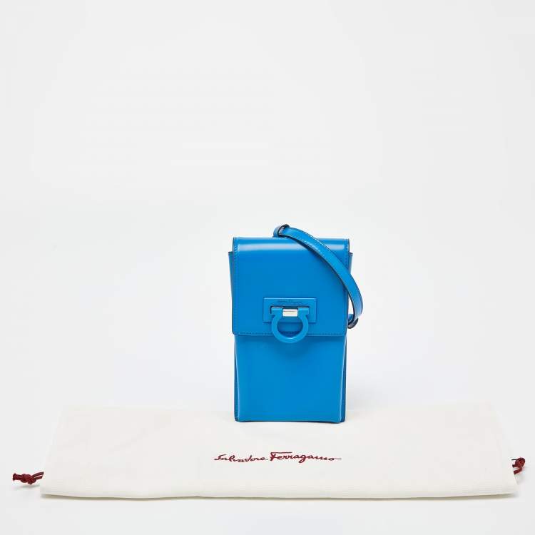 Pre Owned Salvatore Ferragamo Blue Leather Trifolio Phone Holder Crossbody Bag