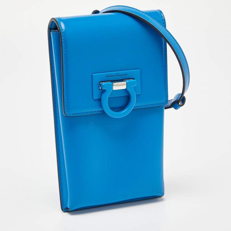 Pre Owned Salvatore Ferragamo Blue Leather Trifolio Phone Holder Crossbody Bag