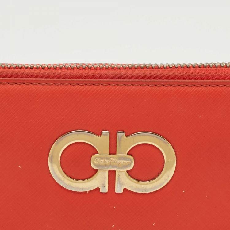 Pre Owned Salvatore Ferragamo Orange Leather Double Gancio Zip Around Wallet
