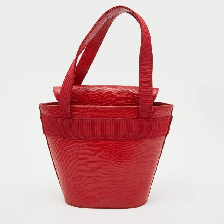 Pre Owned Salvatore Ferragamo Red Lizard Embossed Leather Mini Bow Tote