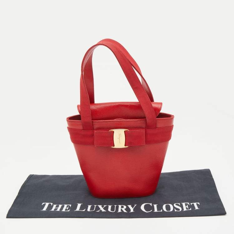 Pre Owned Salvatore Ferragamo Red Lizard Embossed Leather Mini Bow Tote