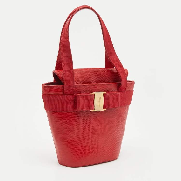 Pre Owned Salvatore Ferragamo Red Lizard Embossed Leather Mini Bow Tote