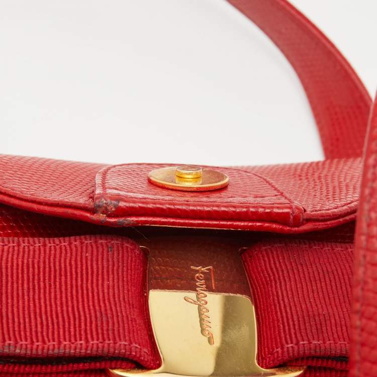 Pre Owned Salvatore Ferragamo Red Lizard Embossed Leather Mini Bow Tote