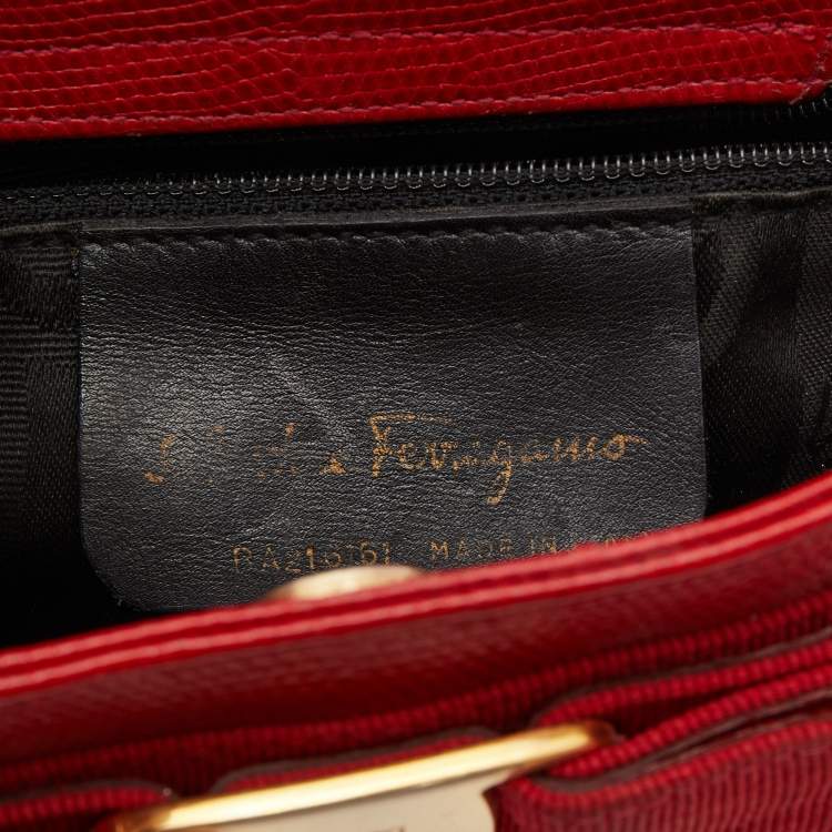 Pre Owned Salvatore Ferragamo Red Lizard Embossed Leather Mini Bow Tote