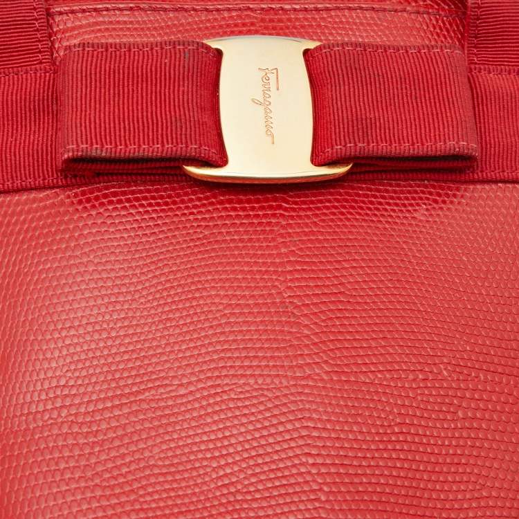 Pre Owned Salvatore Ferragamo Red Lizard Embossed Leather Mini Bow Tote