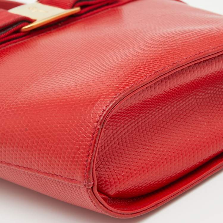 Pre Owned Salvatore Ferragamo Red Lizard Embossed Leather Mini Bow Tote