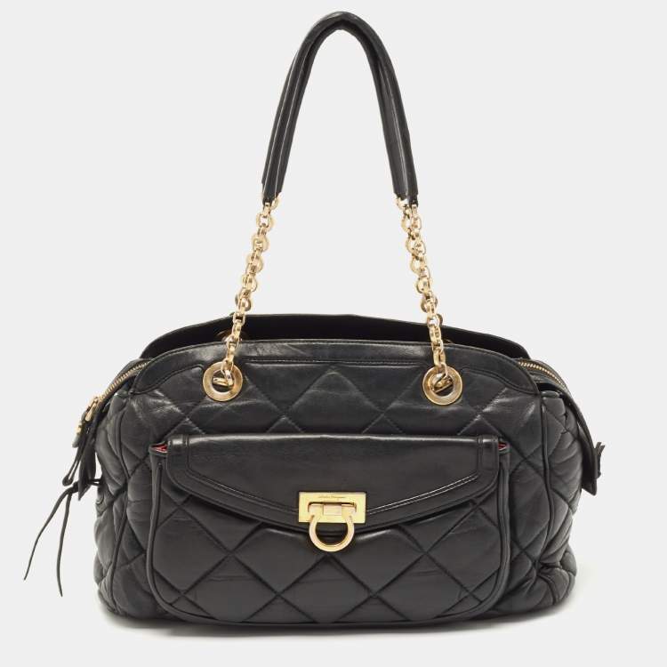 Pre Owned Salvatore Ferragamo Black Quilted Leather Bowler Bag