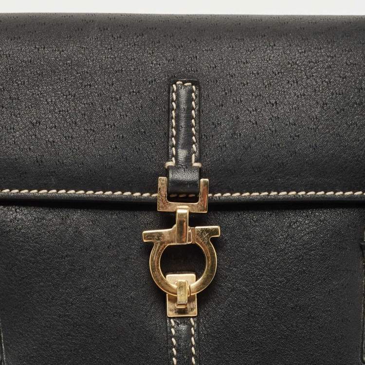 Pre Owned Salvatore Ferragamo Black Leather Gancini Flap Shoulder Bag