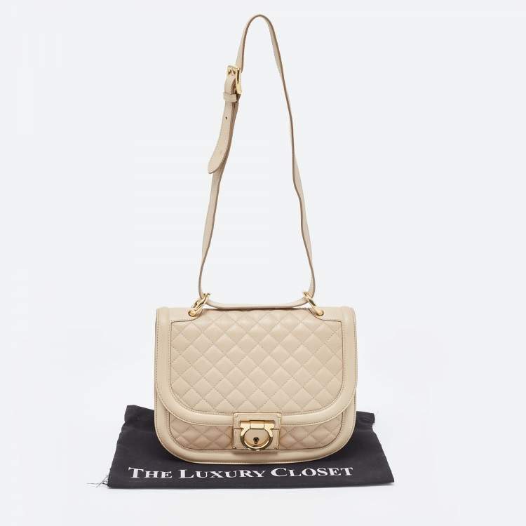 Pre Owned Salvatore Ferragamo Beige Quilted Leather Flap Shoulder Bag