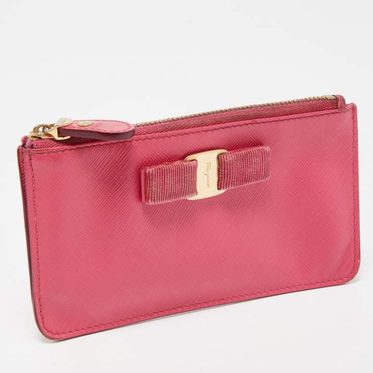Pre Owned Salvatore Ferragamo Fuchsia Leather Bow Zip Coin Purse
