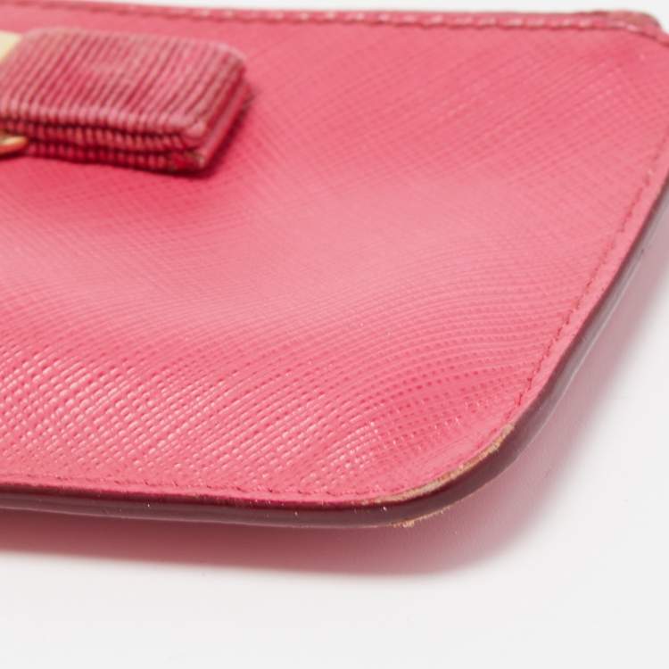 Pre Owned Salvatore Ferragamo Fuchsia Leather Bow Zip Coin Purse