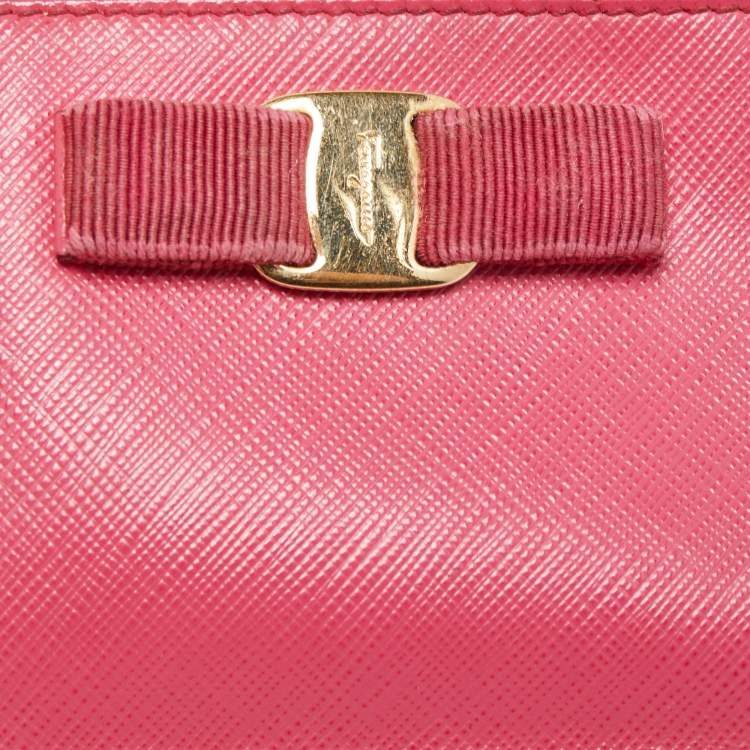 Pre Owned Salvatore Ferragamo Fuchsia Leather Bow Zip Coin Purse