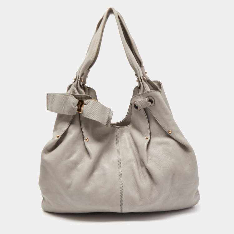 Salvatore Ferragamo Grey Leather Vera Bow Hobo Salvatore Ferragamo