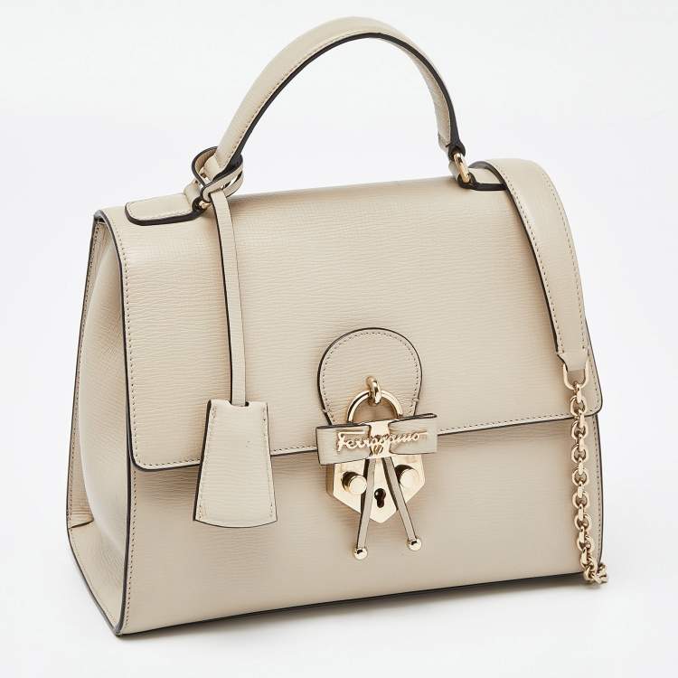Pre Owned Salvatore Ferragamo Beige Leather Letty Top Handle Bag