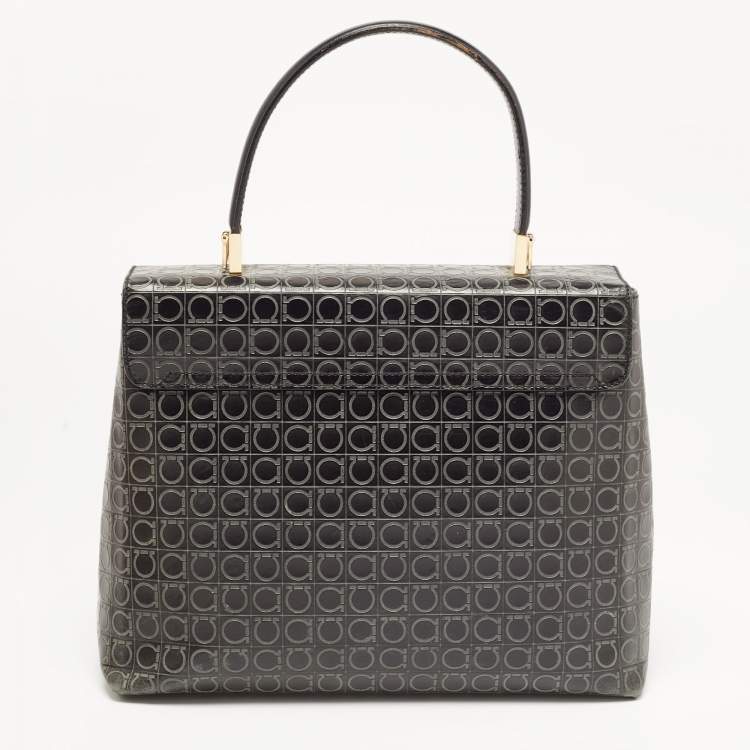 Pre Owned Salvatore Ferragamo Black Signature Embossed Leather Gancini Top Handle Bag