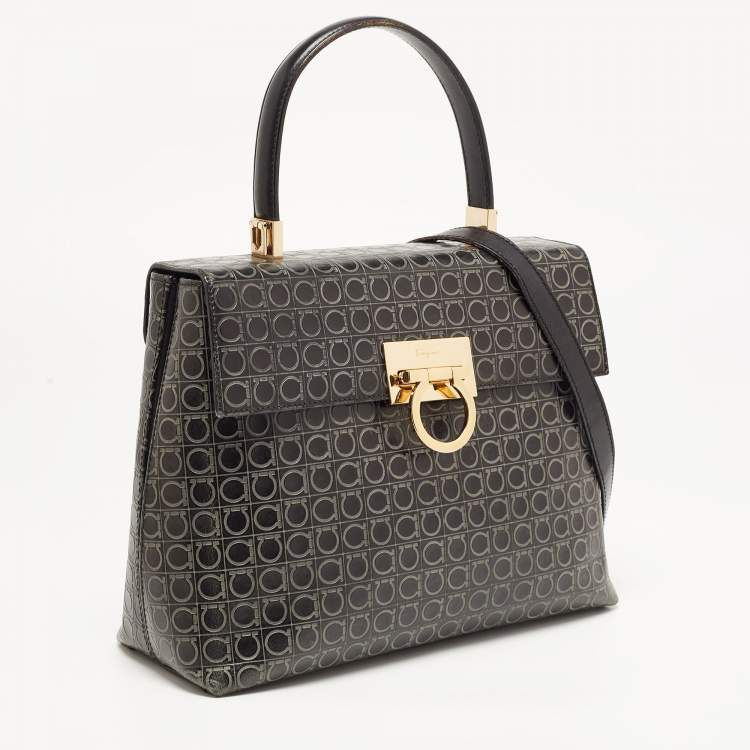 Pre Owned Salvatore Ferragamo Black Signature Embossed Leather Gancini Top Handle Bag