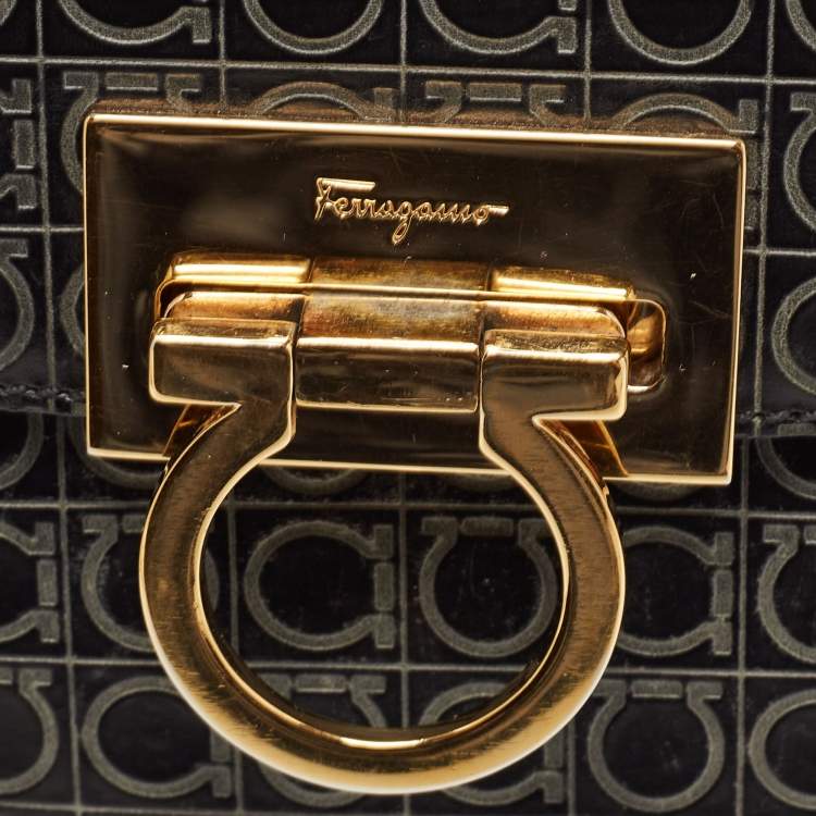 Pre Owned Salvatore Ferragamo Black Signature Embossed Leather Gancini Top Handle Bag