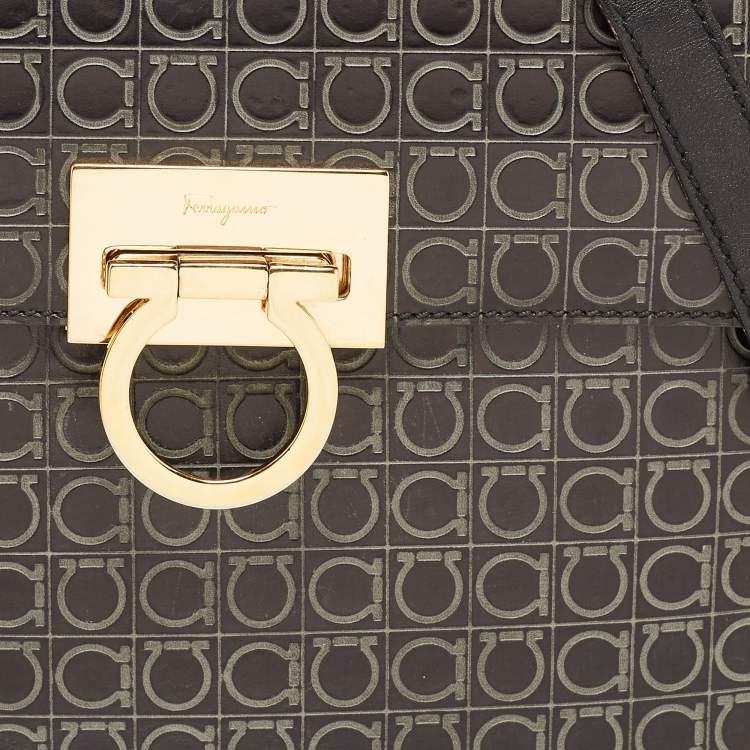Pre Owned Salvatore Ferragamo Black Signature Embossed Leather Gancini Top Handle Bag