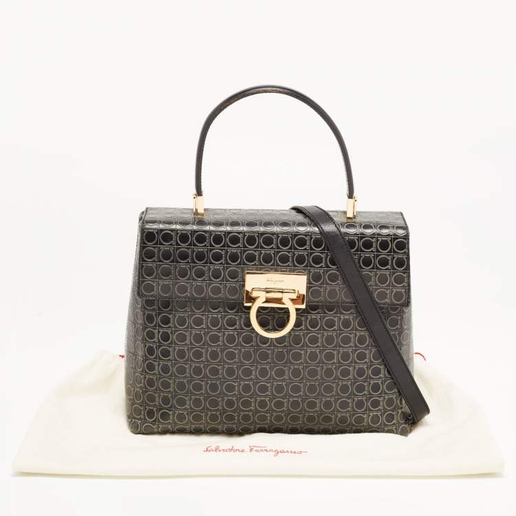 Pre Owned Salvatore Ferragamo Black Signature Embossed Leather Gancini Top Handle Bag