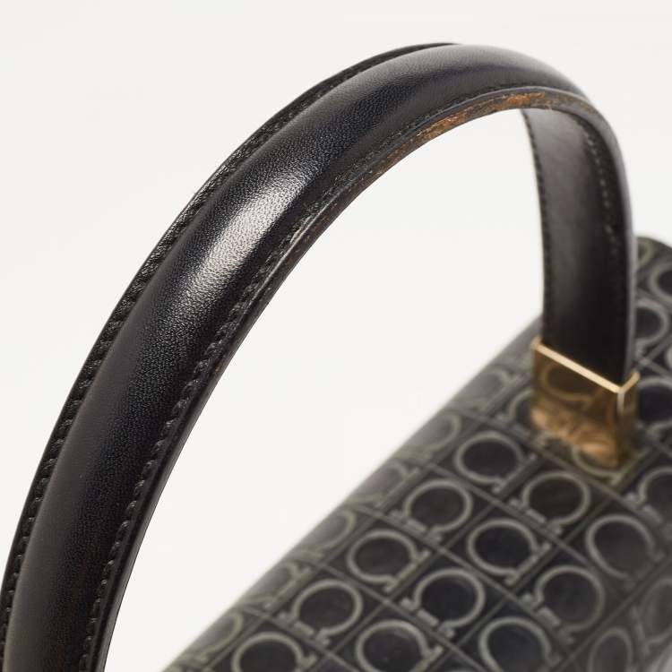Pre Owned Salvatore Ferragamo Black Signature Embossed Leather Gancini Top Handle Bag