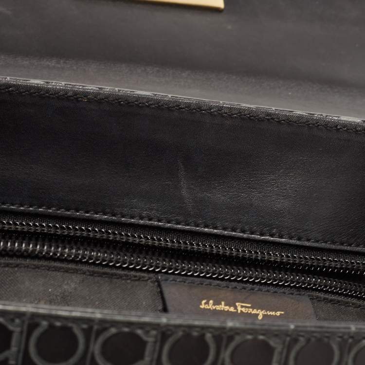 Pre Owned Salvatore Ferragamo Black Signature Embossed Leather Gancini Top Handle Bag