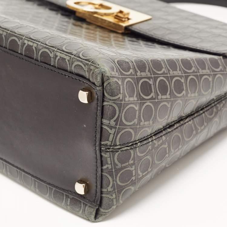 Pre Owned Salvatore Ferragamo Black Signature Embossed Leather Gancini Top Handle Bag