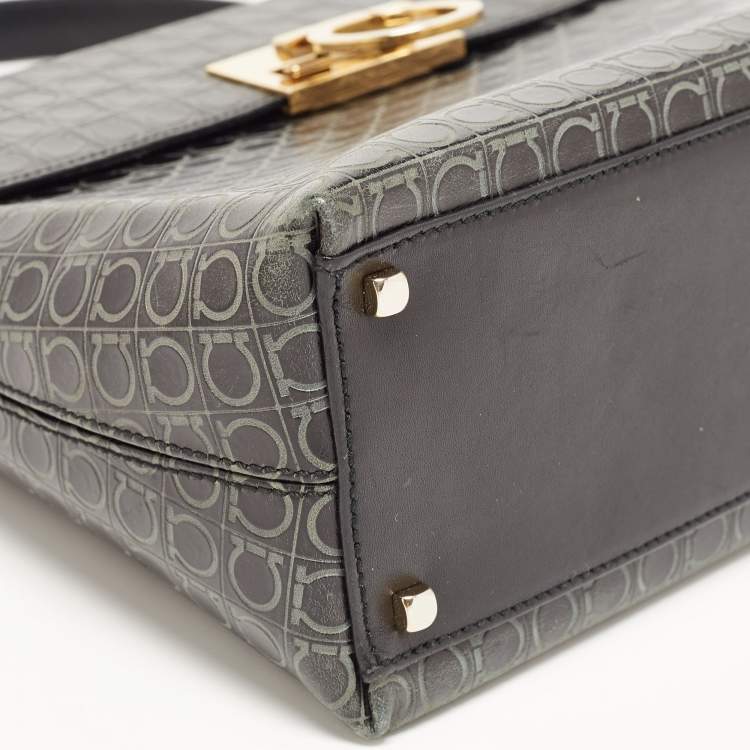 Pre Owned Salvatore Ferragamo Black Signature Embossed Leather Gancini Top Handle Bag