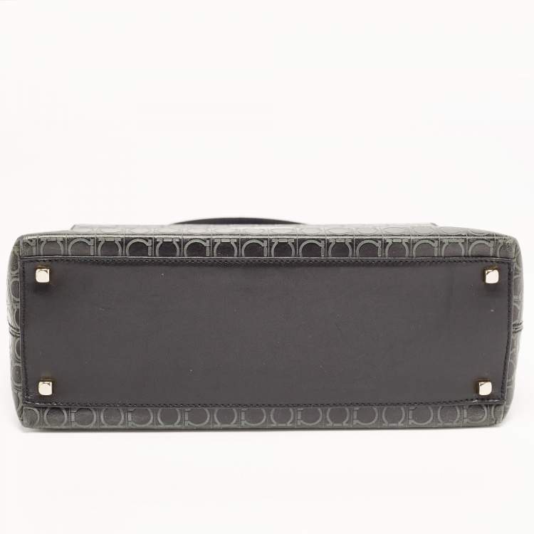 Pre Owned Salvatore Ferragamo Black Signature Embossed Leather Gancini Top Handle Bag
