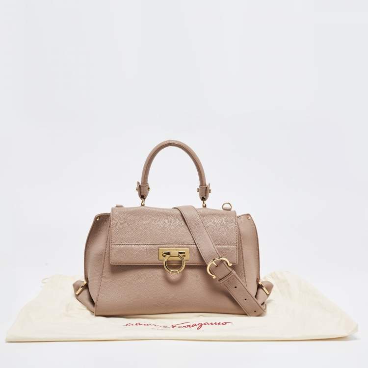 Pre Owned Salvatore Ferragamo Dark Beige Gancini Flap Top Handle Bag