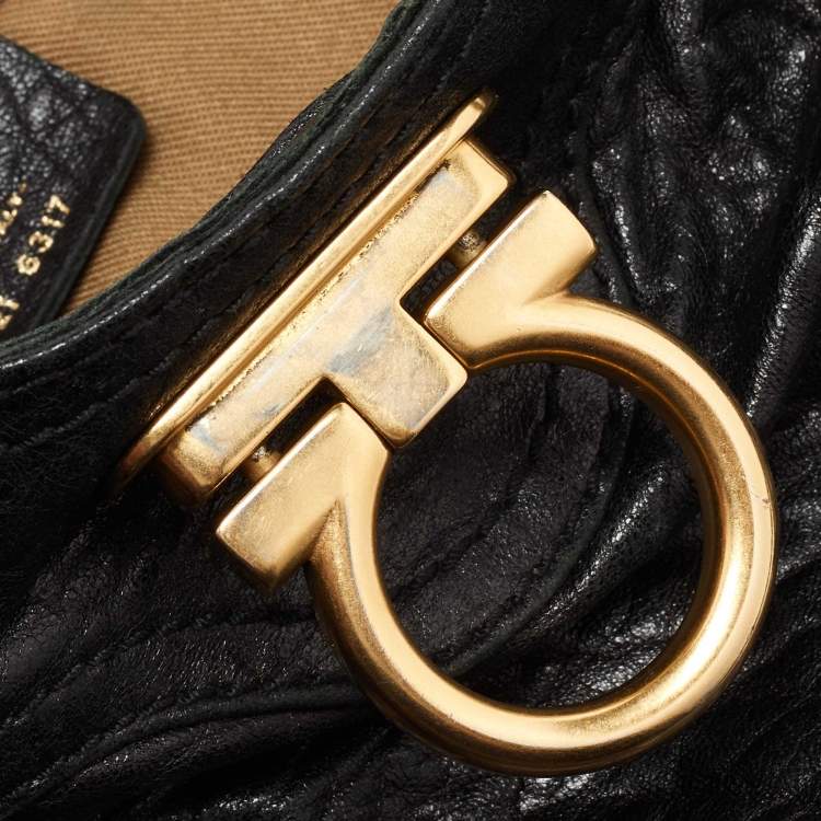 Pre Owned Salvatore Ferregamo Black Crinkled Leather Marisa Satchel