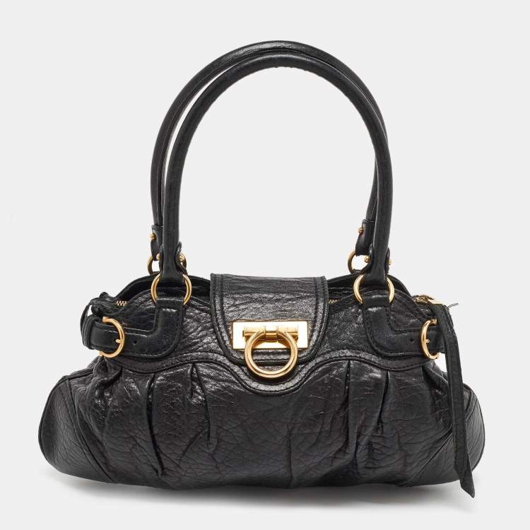 Pre Owned Salvatore Ferregamo Black Crinkled Leather Marisa Satchel