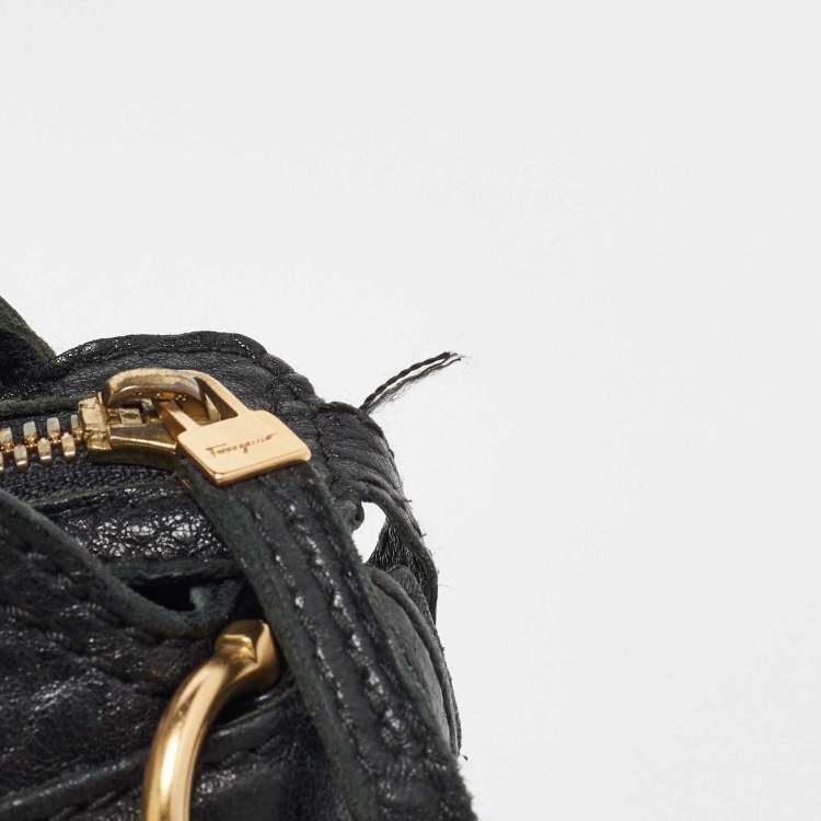 Pre Owned Salvatore Ferregamo Black Crinkled Leather Marisa Satchel