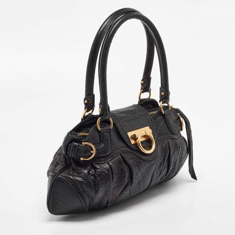 Pre Owned Salvatore Ferregamo Black Crinkled Leather Marisa Satchel