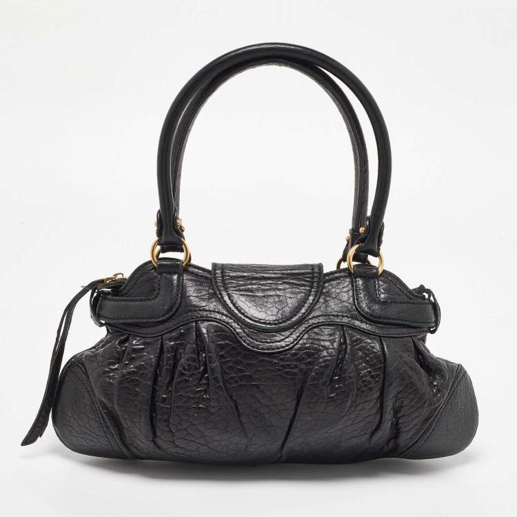 Pre Owned Salvatore Ferregamo Black Crinkled Leather Marisa Satchel