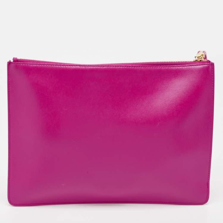 Pre Owned Salvatore Ferragamo Pink Leather Gancini Embossed Wristlet Zip Pouch