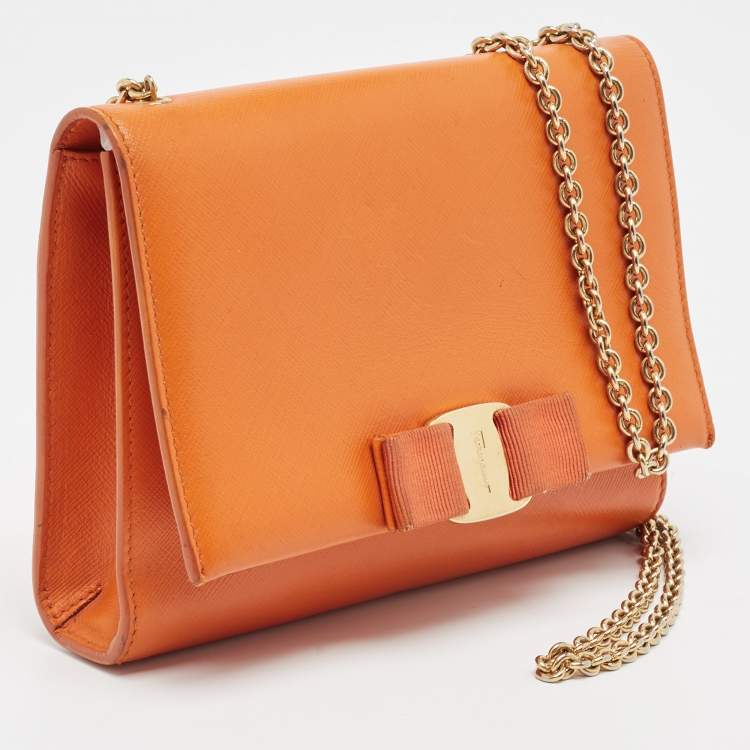 Pre Owned Salvatore Ferragamo Orange Leather Vara Bow Crossbody Bag