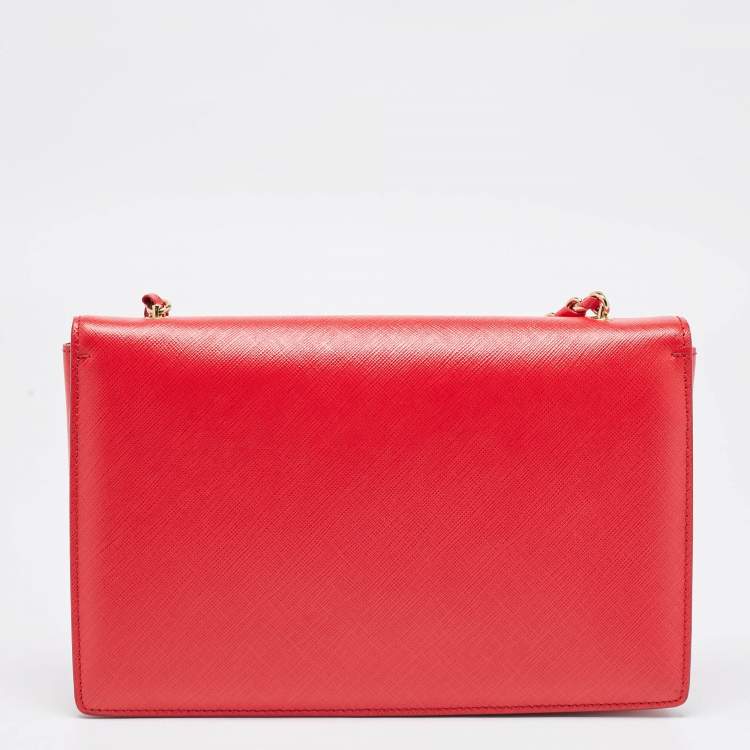 Pre Owned Salvatore Ferragamo Red Leather Vara Bow Chain Shoulder Bag