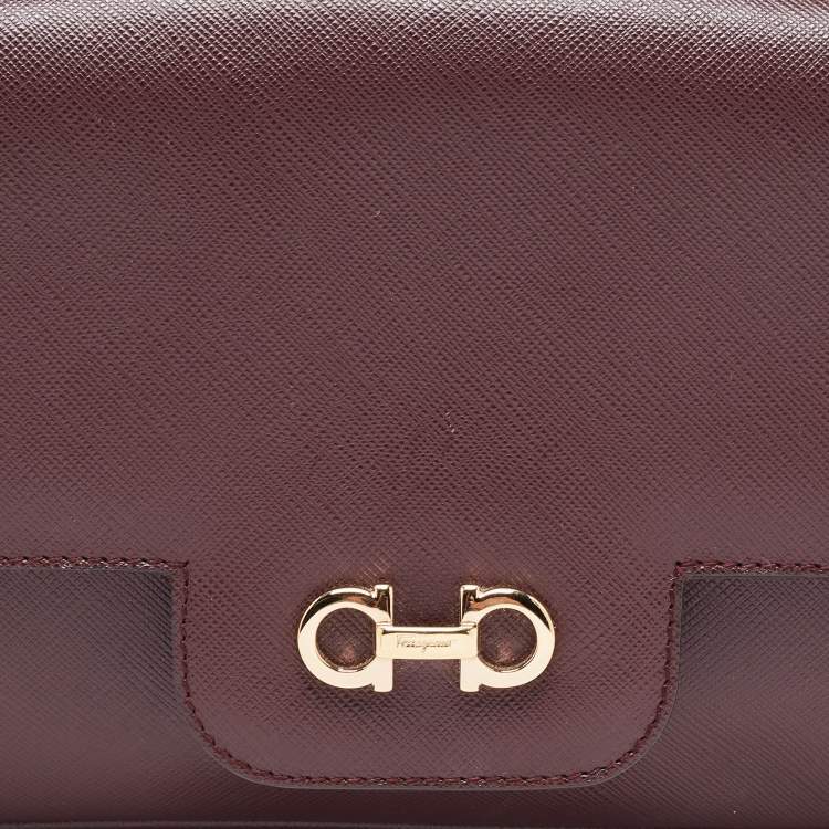 Pre Owned Salvatore Ferragamo Burgundy Leather Gancini Flap Chain Shoulder Bag