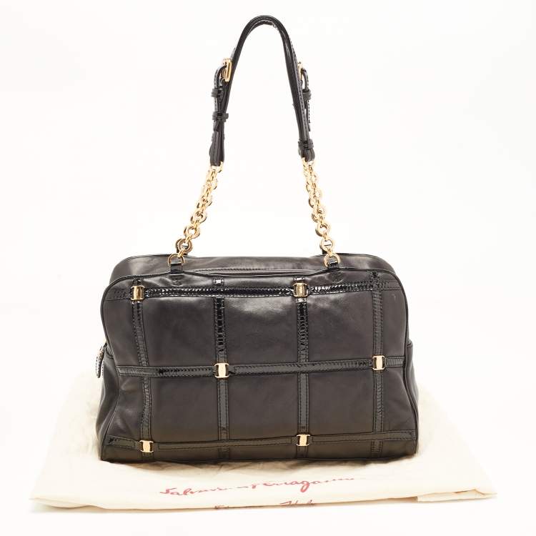 Pre Owned Salvatore Ferragamo Black Leather Square Quilt Satchel