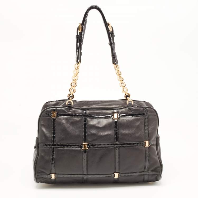 Pre Owned Salvatore Ferragamo Black Leather Square Quilt Satchel